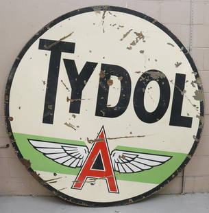 TYDOL FLYING A DOUBLE SIDED PORCELAIN SIGN: GREEN BAND VERSION. DOUBLE-SIDED. 72" D. Terms & Conditions: Pick-up for this Auction will be Wednesday August 3rd and Thursday August 4th from 9:00am till 3:30pm and Friday August 5th from 9:00am til