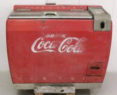 VINTAGE COCA-COLA CHEST COOLER: TWO LIDS ON TOP (ONE STAINLESS STEEL). OPENER ON FRONT. AS-FOUND CONDITION. MEASURES 35" X 42" X 27" Terms & Conditions: Pick-up for this Auction will be Wednesday August 3rd and Thursday August 4th f