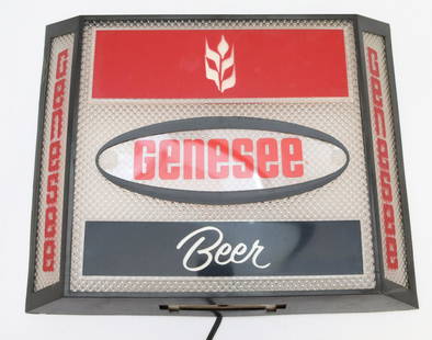 GENESEE BEER LIGHT-UP SIGN: MOLDED PLASTIC. WORKING ORDER. MRKD. GB CO., ROCHESTER, NY. MEASURES 11 1/2" X 14 1/2". Terms & Conditions: Pick-up for this Auction will be Wednesday August 3rd and Thursday August 4th from