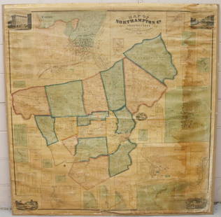 MAP OF NORTHAMPTON COUNTY, PA 1860: LINEN BACKED MAP MOUNTED ON BACKBOARD UNDER PLEXIGLASS (NO FRAMEWORK). SMITH,GALLUP & CO. PUBLISHERS, PHILADELPHIA, 1860. MEASURES 60" X 58". Terms & Conditions: Pick-up for this Auction will be