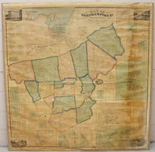 MAP OF NORTHAMPTON COUNTY, PA 1860: LINEN BACKED MAP MOUNTED ON BACKBOARD UNDER PLEXIGLASS (NO FRAMEWORK). SMITH,GALLUP & CO. PUBLISHERS, PHILADELPHIA, 1860. MEASURES 60" X 58". Terms & Conditions: Pick-up for this Auction will be