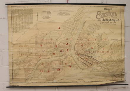 MAP OF EASTON, PA AND PHILLIPSBURG, NJ, 1913: PRINTED PAPER ON LINEN BACKING WITH PAINTED DOWELS ON TOP/BOTTOM. INTERSTATE MAP COMPANY, NEWARK, NJ 1913. MEASURES 41" X 60" Terms & Conditions: Pick-up for this Auction will be Wednesday August 3rd