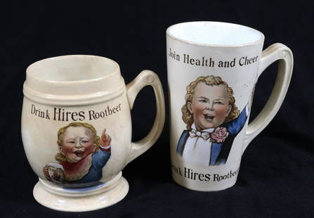 (2) HIRES ROOT BEER MUGS: TWO STYLES OF MUGS. MADE IN GERMANY BY VILLEROY & BACH. MEASURE 4 1/4" AND 5" H. Terms & Conditions: Pick-up for this Auction will be Wednesday August 3rd and Thursday August 4th from 9:00am till 3:30