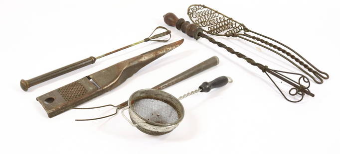 EARLY KITCHEN WHISKS AND UTENSILS: INCLUDING: THREE WHISKS, GRATER, FORK AND STRAINER. LONGEST 11" Terms & Conditions: Pick-up for this Auction will be Wednesday August 3rd and Thursday August 4th from 9:00am till 3:30pm and Friday