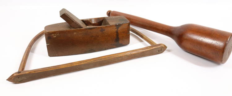 LOT OF WOODENWARE: INCLUDING: WOODEN WOOD PLANE, MASHER AND BENTWOOD BAG OPENER. MASHER IS 16" L Terms & Conditions: Pick-up for this Auction will be Wednesday August 3rd and Thursday August 4th from 9:00am till 3:30pm