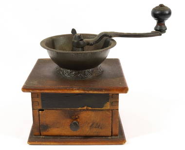 ANTIQUE COFFEE GRINDER: WOODEN WITH DRAWER. CAST IRON TOP AND CRANK. HANDLE MRKD. C.P. CO. MEASURES 8" X 6" X 6" Terms & Conditions: Pick-up for this Auction will be Wednesday August 3rd and Thursday August 4th from 9:00am t