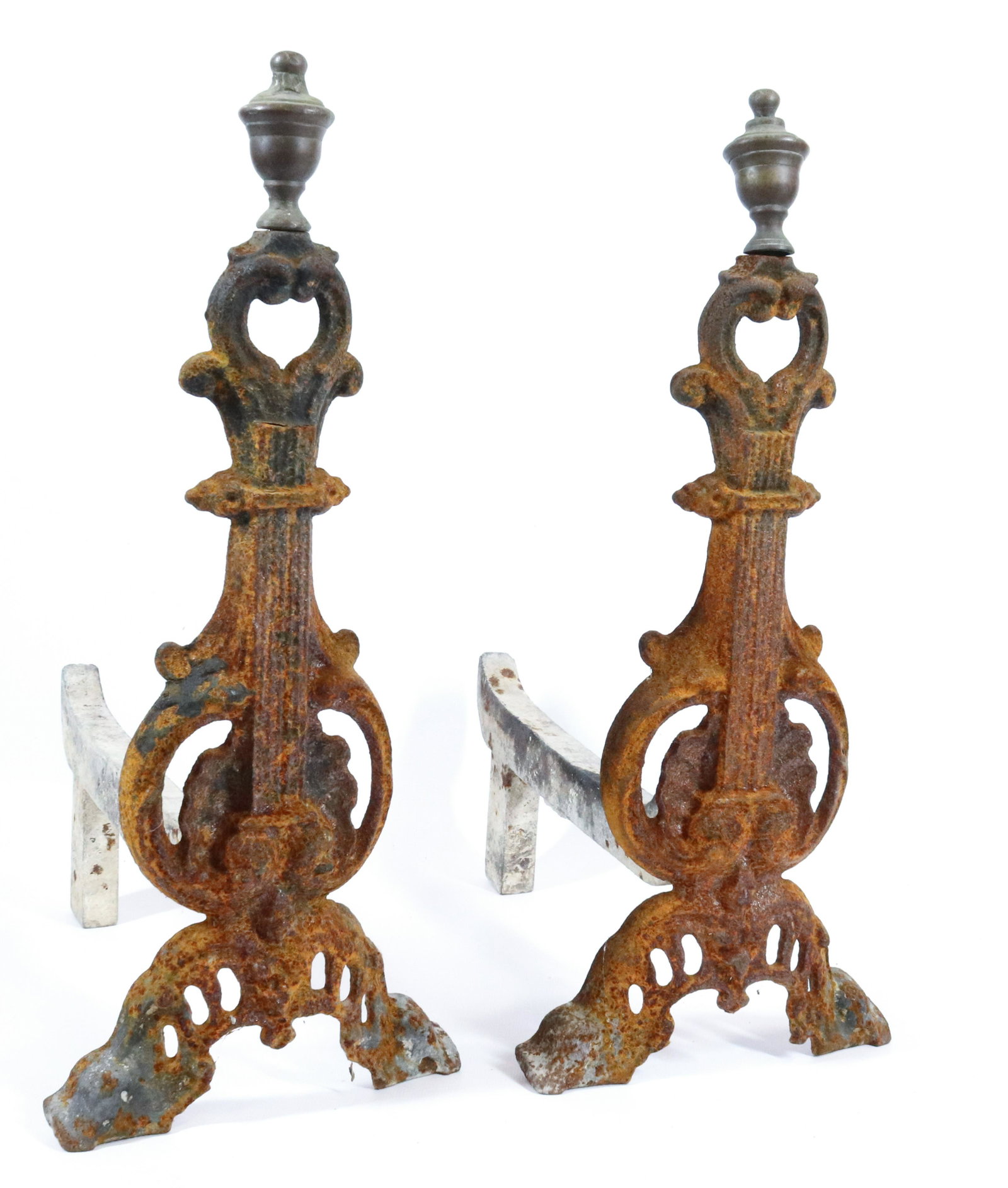PAIR OF CAST IRON ANDIRONS: CAST IRON WITH BRASS FINIALS. MEASURE 17 1/2" X 14 1/2" Terms & Conditions: Pick-up for this Auction will be Wednesday August 3rd and Thursday August 4th from 9:00am till 3:30pm and Friday August 5th 