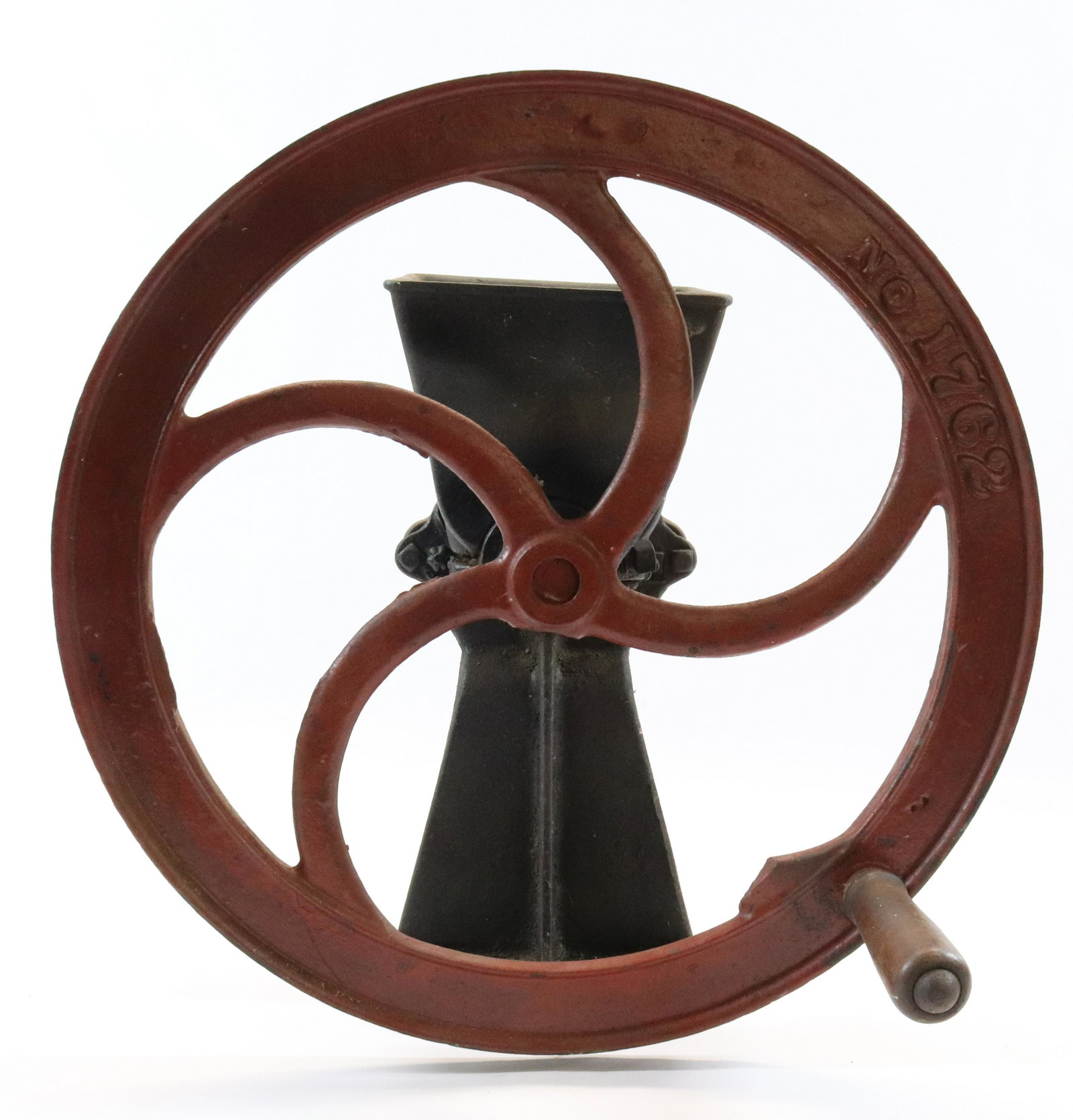 CAST IRON COFFEE GRINDER: RED PAINTED WHEEL MRKD. NO. 1762. BACK PIECES NUMBERED 1757, 1758 AND 1759. WHEEL MEASURES 15 3/4" D Terms & Conditions: Pick-up for this Auction will be Wednesday August 3rd and Thursday August 4th f