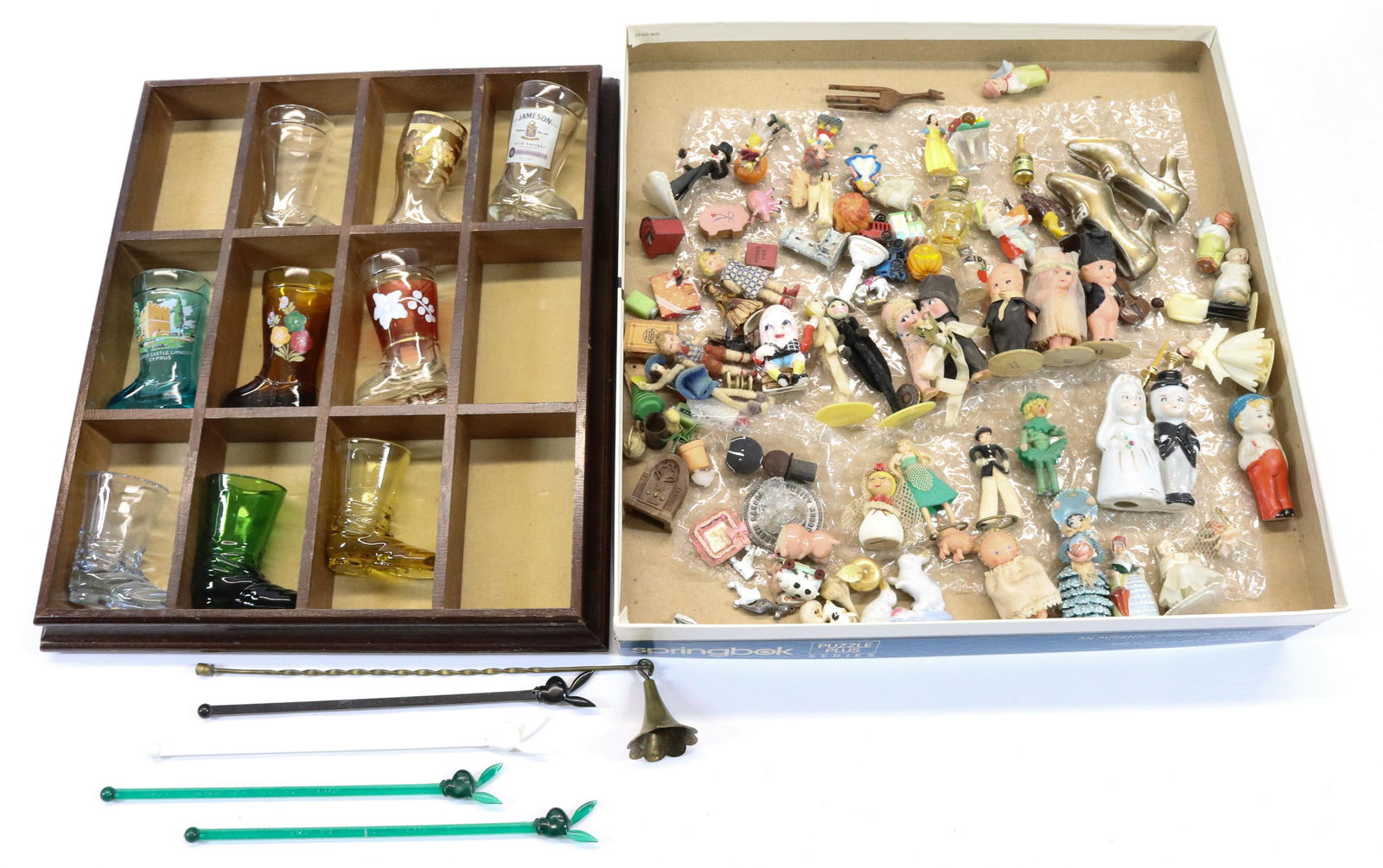 LOT OF KNICK-KNACKS AND SHOT GLASSES: VARIETY OF SMALLS INCLUDING: KEWPIES (ONE SET OF BISQUE BRIDE/GROOM, OTHERS ARE CELLULOID) Terms & Conditions: Pick-up for this Auction will be Wednesday August 3rd and Thursday August 4th from 9:00am