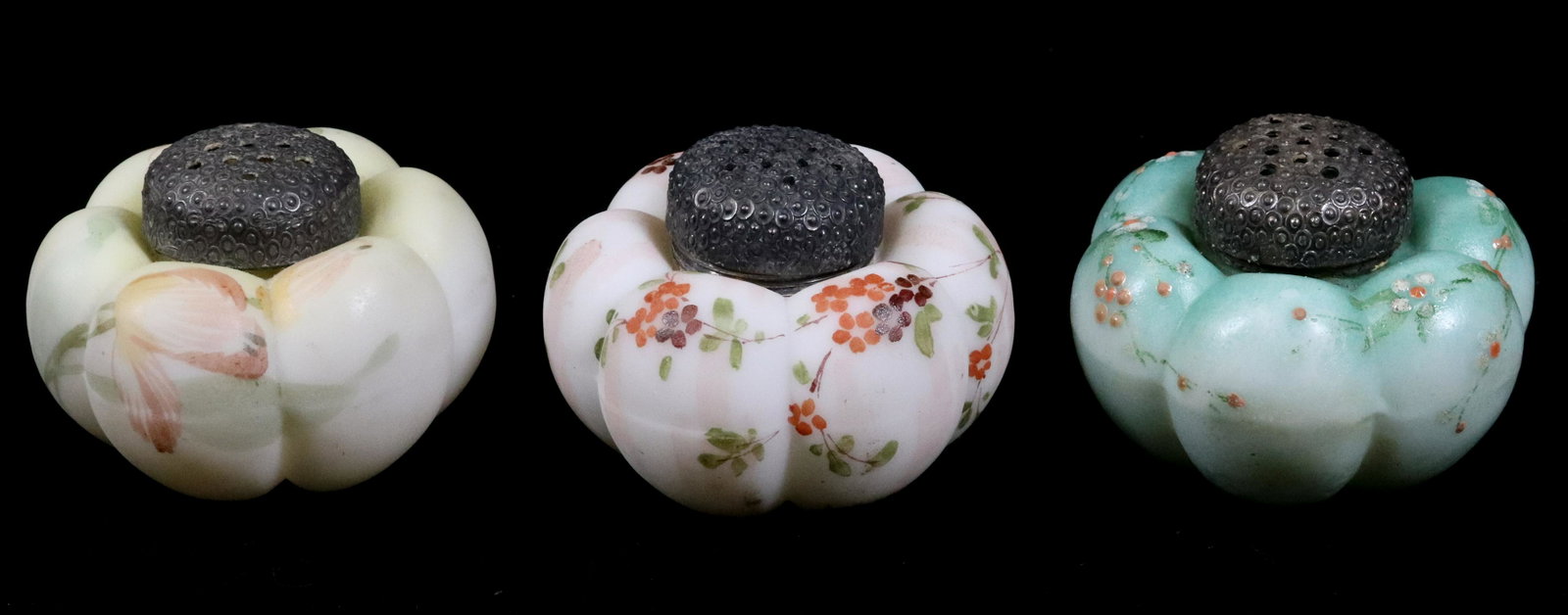 PAIRPOINT PUFFY SHAKERS: (3) WITH ORIGINAL LIDS AND COLLARS ALL WORKING DIFFERENT DECORATIONS 1 3/4"H