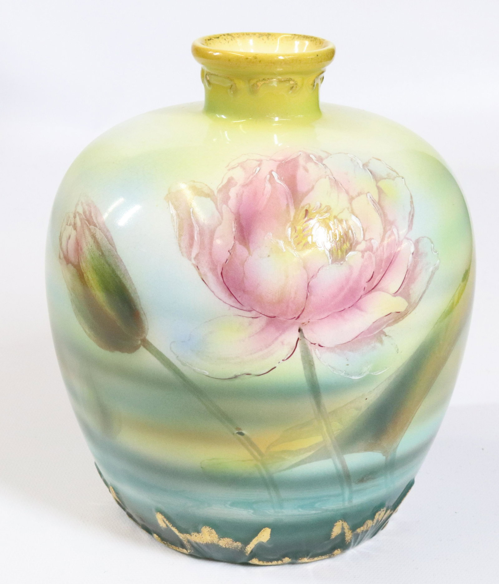 ROYAL BONN VASE LOTUS PATTERN: GLOSS GLAZE WITH HAND PAINTED LOTUS AND LILY PADS LAYERED COLOR BACKGROUND BROWN STAMP MARK 7"H X 5 3/4"D