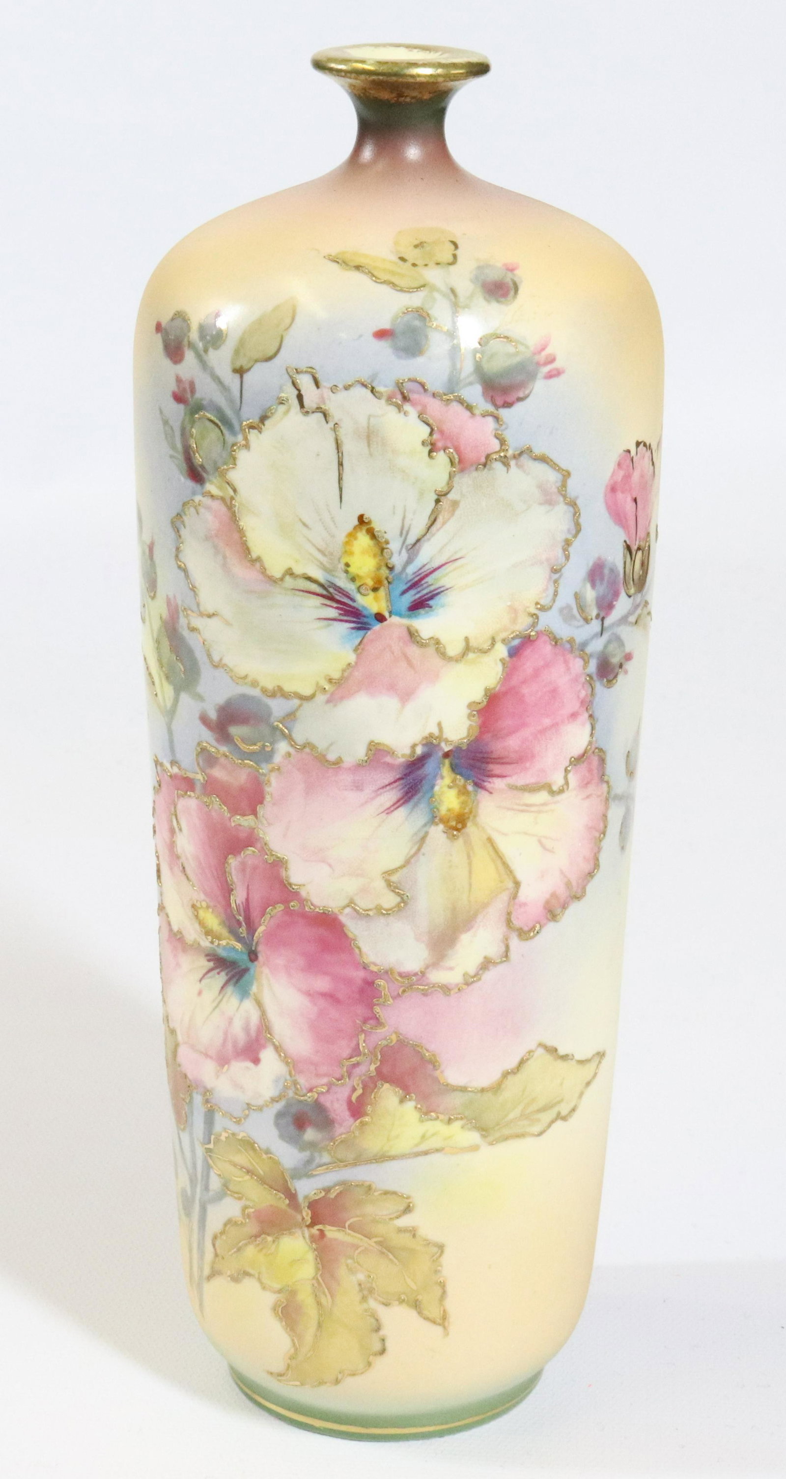 ROYAL BONN VASE: CABINET VASE HIBISCUS BLOOMS IN PINK WHITE ON PEACH BACKGROUND BROWN STAMP MARK 8 1/2"H X 3"D