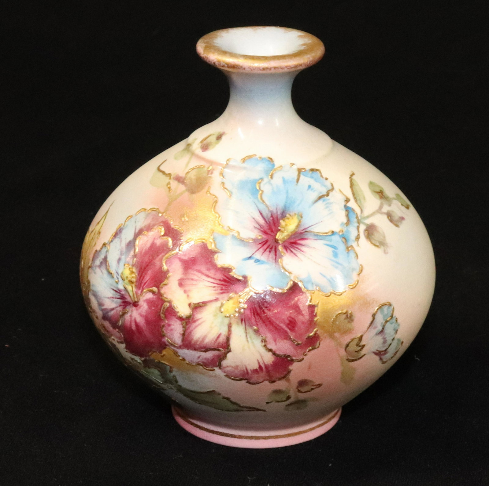 ROYAL BONN VASE: CABINET VASE WITH FUSCHIA AND BLUE FLOWERS GOLD TRACINGS GLOSS GLAZE IMPRESSED MARK 3 3/4"H X 3 1/4"D