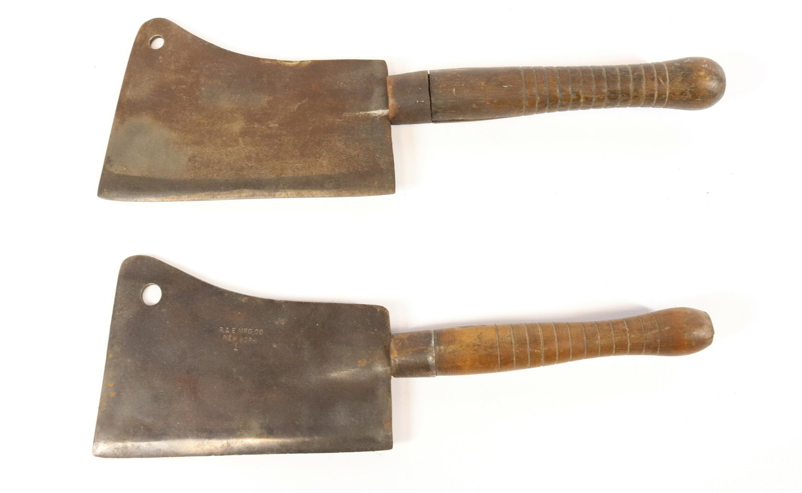 VINTAGE MEAT CLEAVERS: WM. BEATTY AND R.E. MFG CO., NEW YORK. BEATTY IS 18" L.
