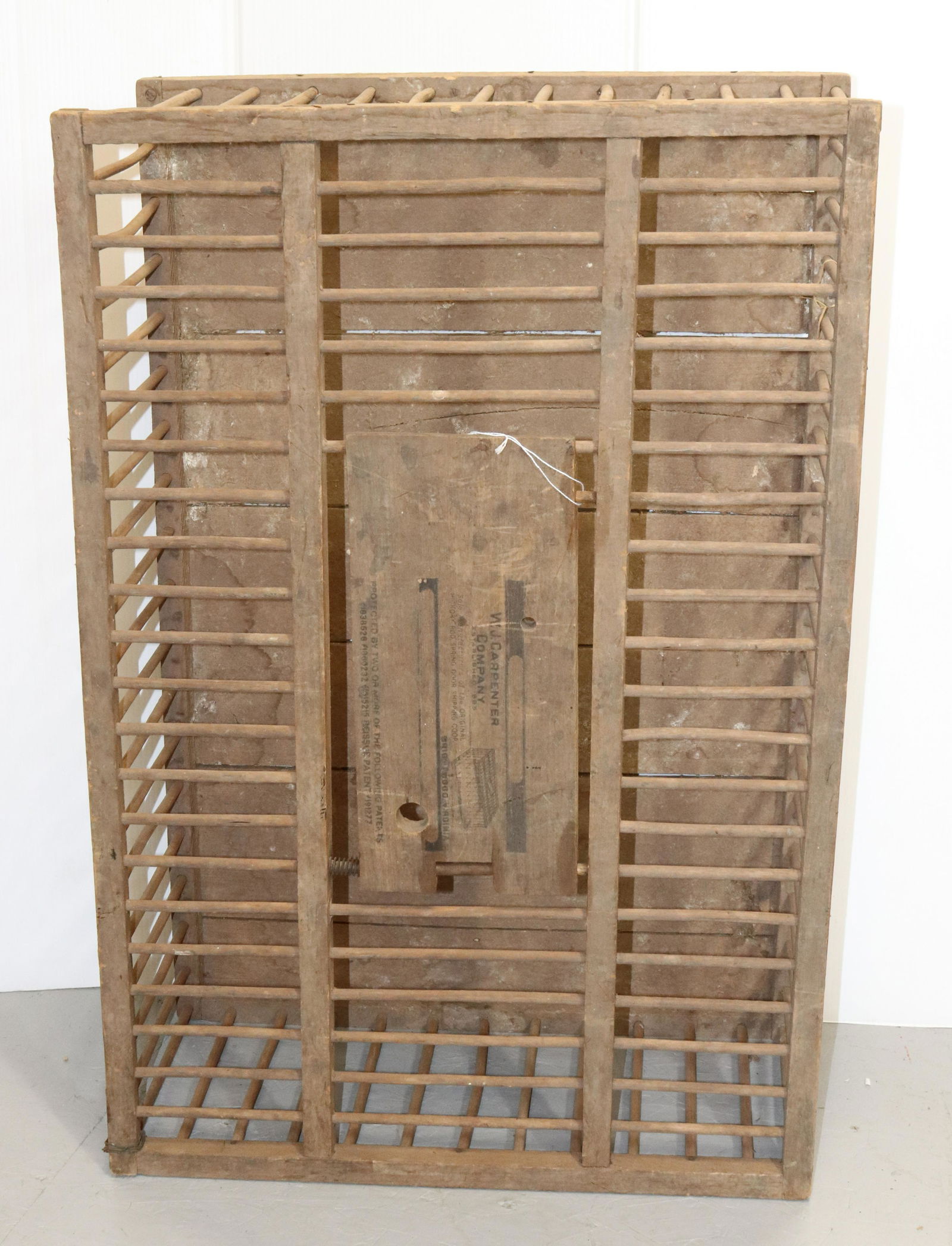 WOODEN CHICKEN CRATE: CHICKEN CRATE OR TABLE, MADE BY W.J. CARPENTER. MEASURES 23 1/2" X 12" X 34".