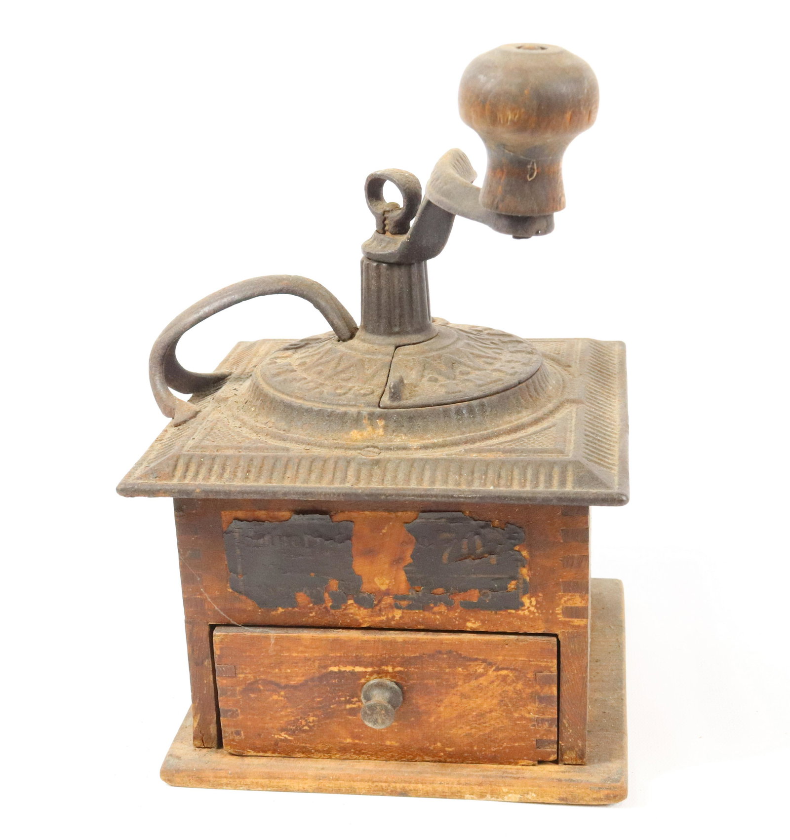 WOODEN ARCADE COFFEE GRINDER: DOVETAILED CASE WITH DRAWER AND CAST IRON TOP MRKD. IMPERIAL, ARCADE. MEASURE 11" X 7" X 7".