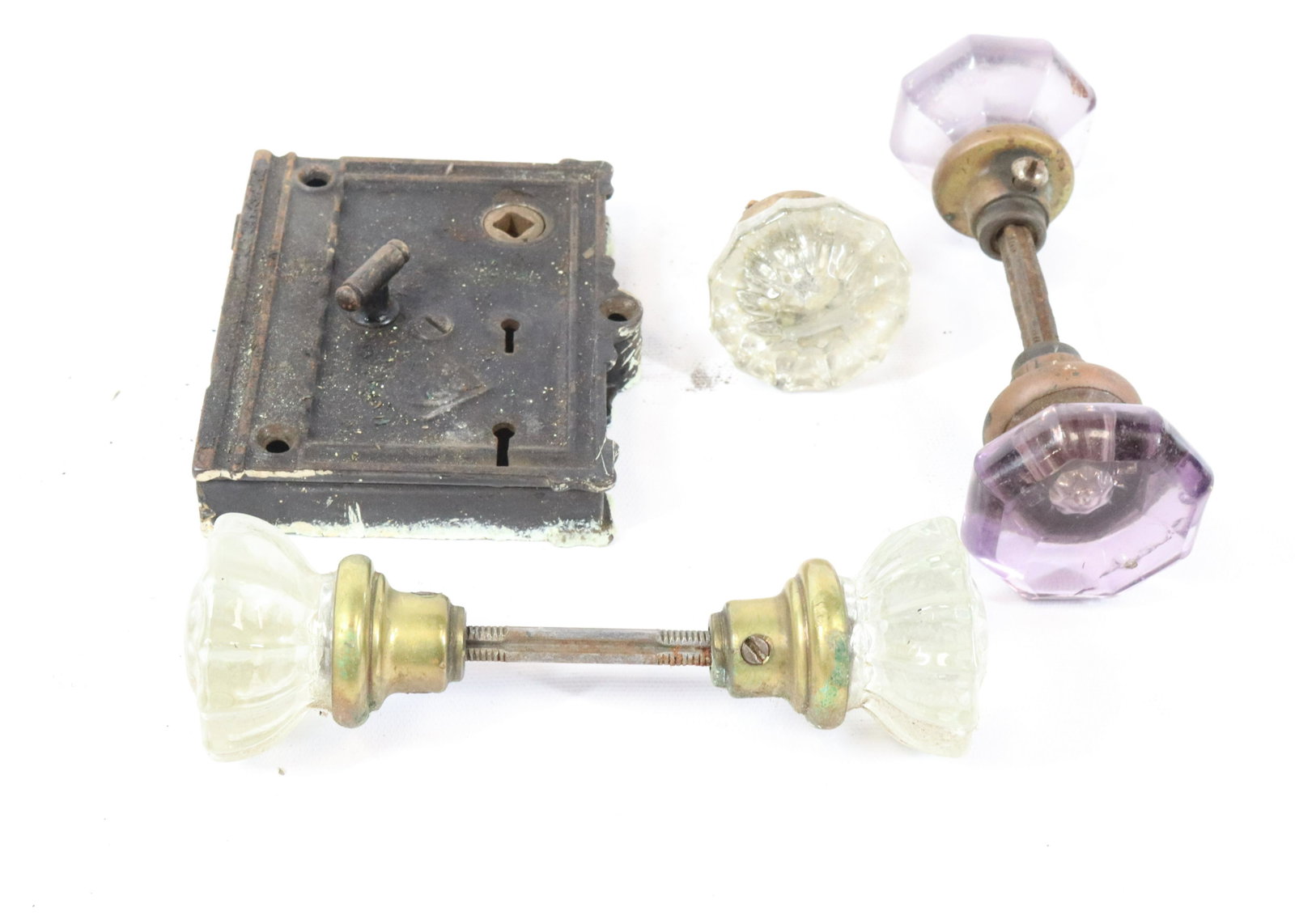 LOT OF DOOR HARDWARE: FIVE GLASS DOOR KNOBS WITH CAST IRON LOCKING MECHANISM FROM DOOR
