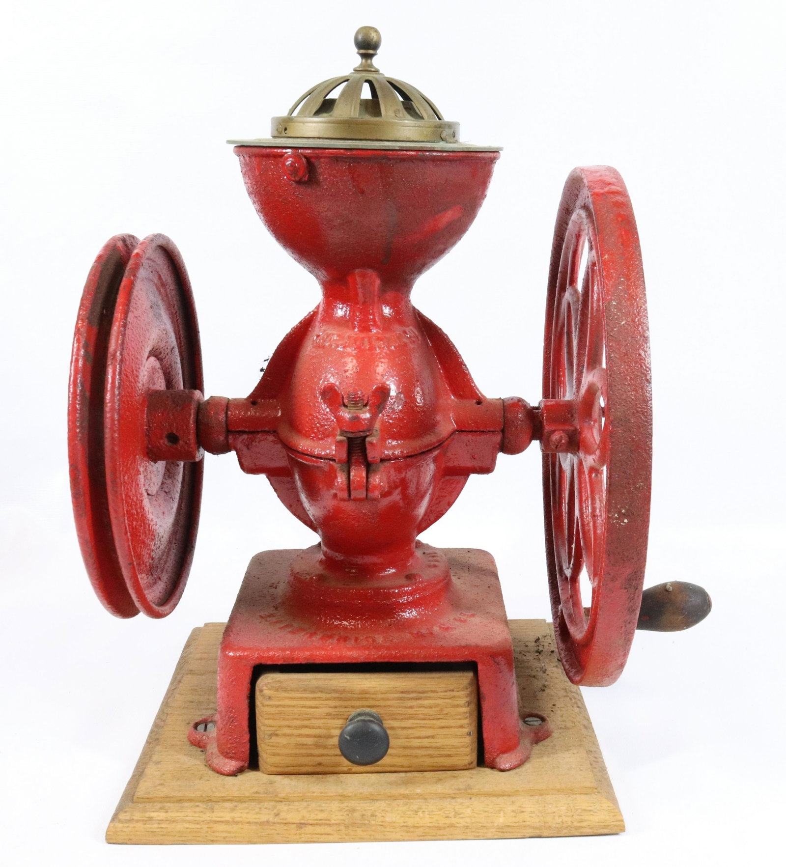 CAST IRON ENTERPRISE COFFEE GRINDER: RED PAINTED SURFACE. PAT'D JULY 12, '98. REPLACED BASE AND DRAWER. MEASURES 15" X 10".