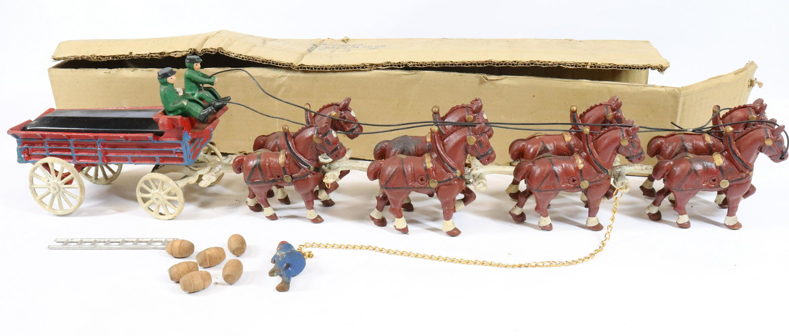 CAST IRON HORSE DRAWN BEER WAGON: PAINTED CAST IRON WITH EIGHT HORSES, THREE RIDERS AND WOODEN BARRELS. ORIGINAL BOX. MEASURES 28 1/2" L.