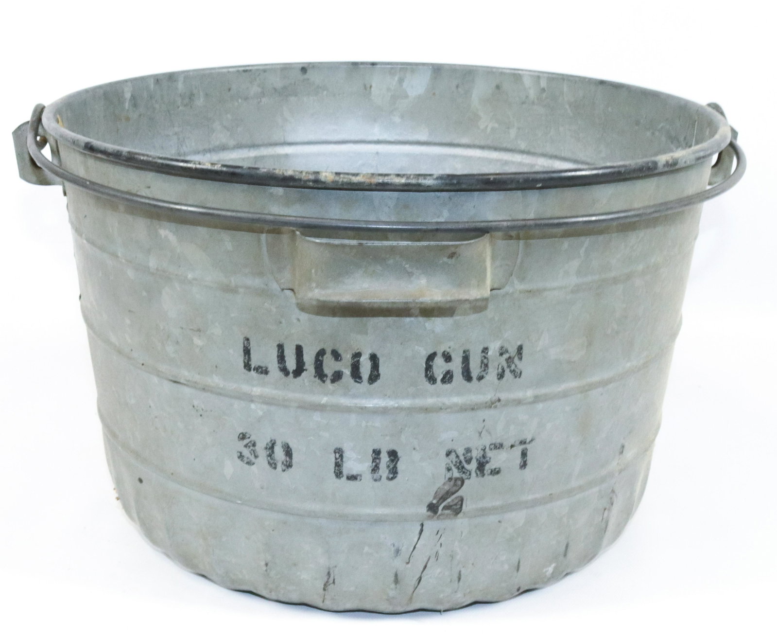 VINTAGE GALVANIZED TUB: DROP HANDLE WITH BLACK STENCILING. MEASURES 9" X 14"