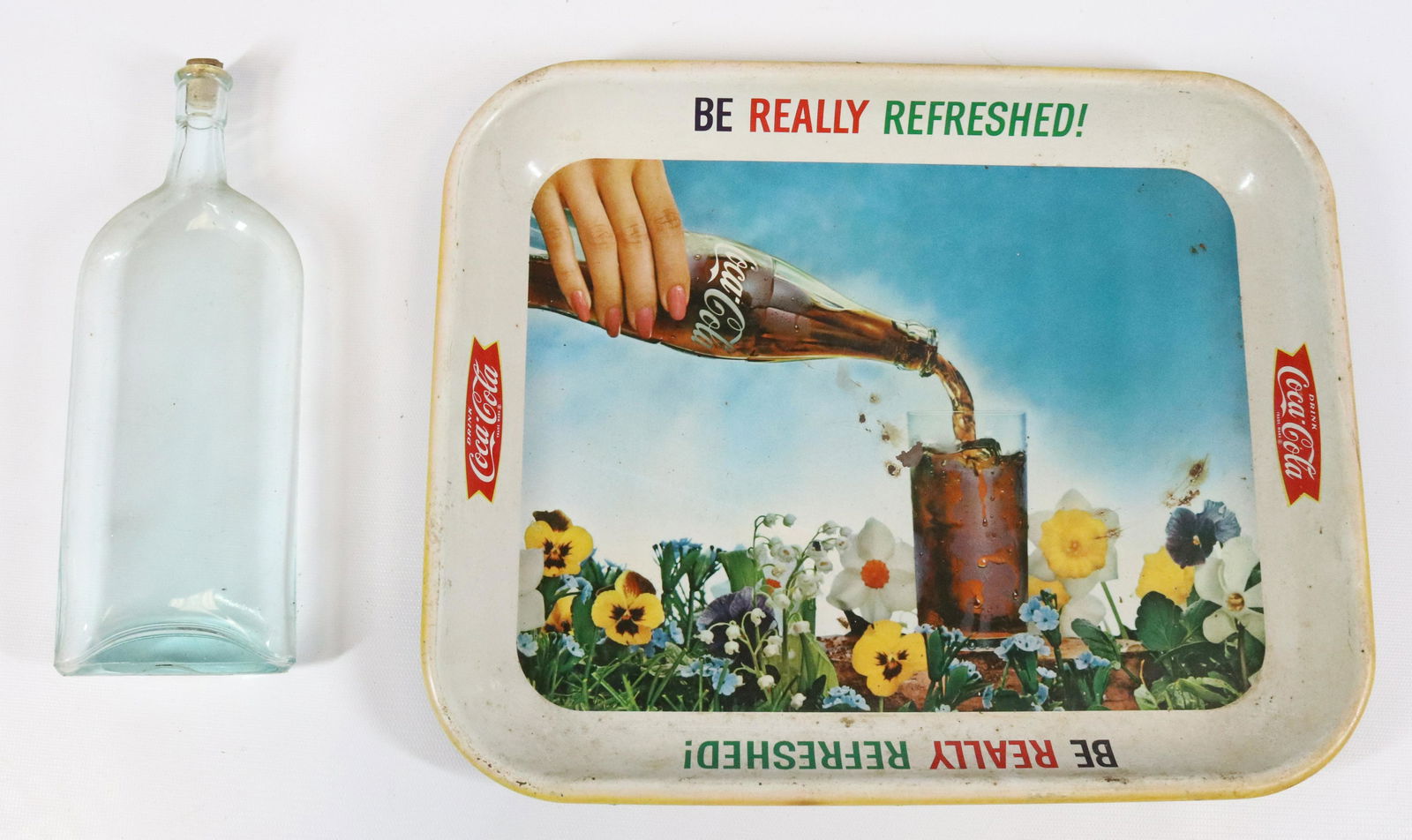VINTAGE COCA COLA TRAY AND AQUA BOTTLE: BE REALLY REFRESHED COCA COLA TRAY AND VINTAGE AQUA BOTTLE. TRAY MEASURES 13 1/2" X 10 3/4"