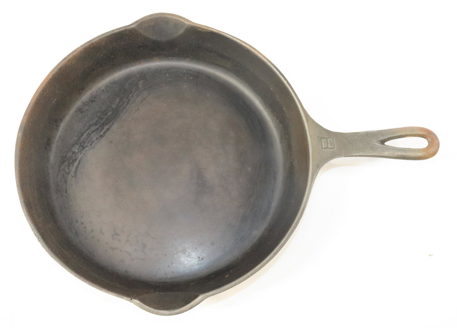 VICTOR CAST IRON SKILLET: MRKD. #8 (722), THE GRISWOLD MFG. CO. MEASURES 14 3/4" TOTAL LENGTH