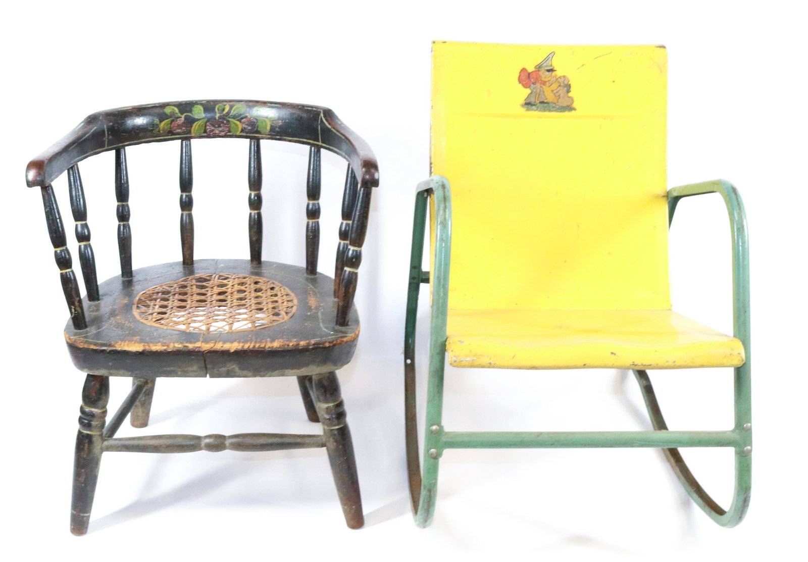 (2) ANTIQUE PAINTED CHILD'S CHAIRS: PAINTED BARREL BACK WITH CANED SEAT. PAINTED PLANK SEAT WITH FLORAL MOTIF. MEASURE 16" AND 20" H.