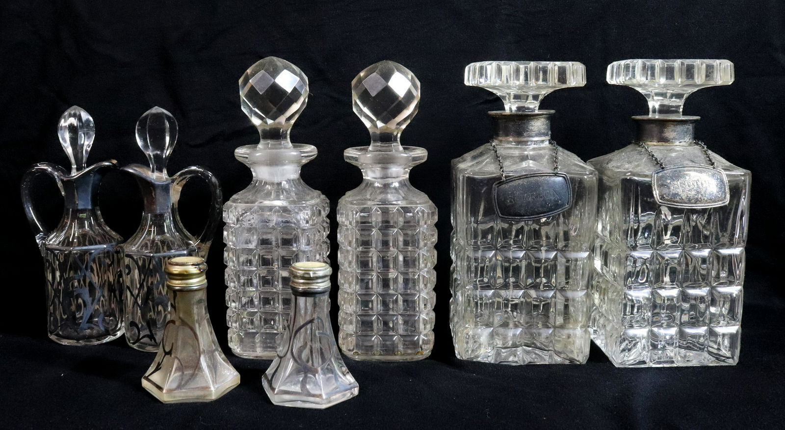 LOT OF GLASS DECANTERS AND SILVER (1 of 3)