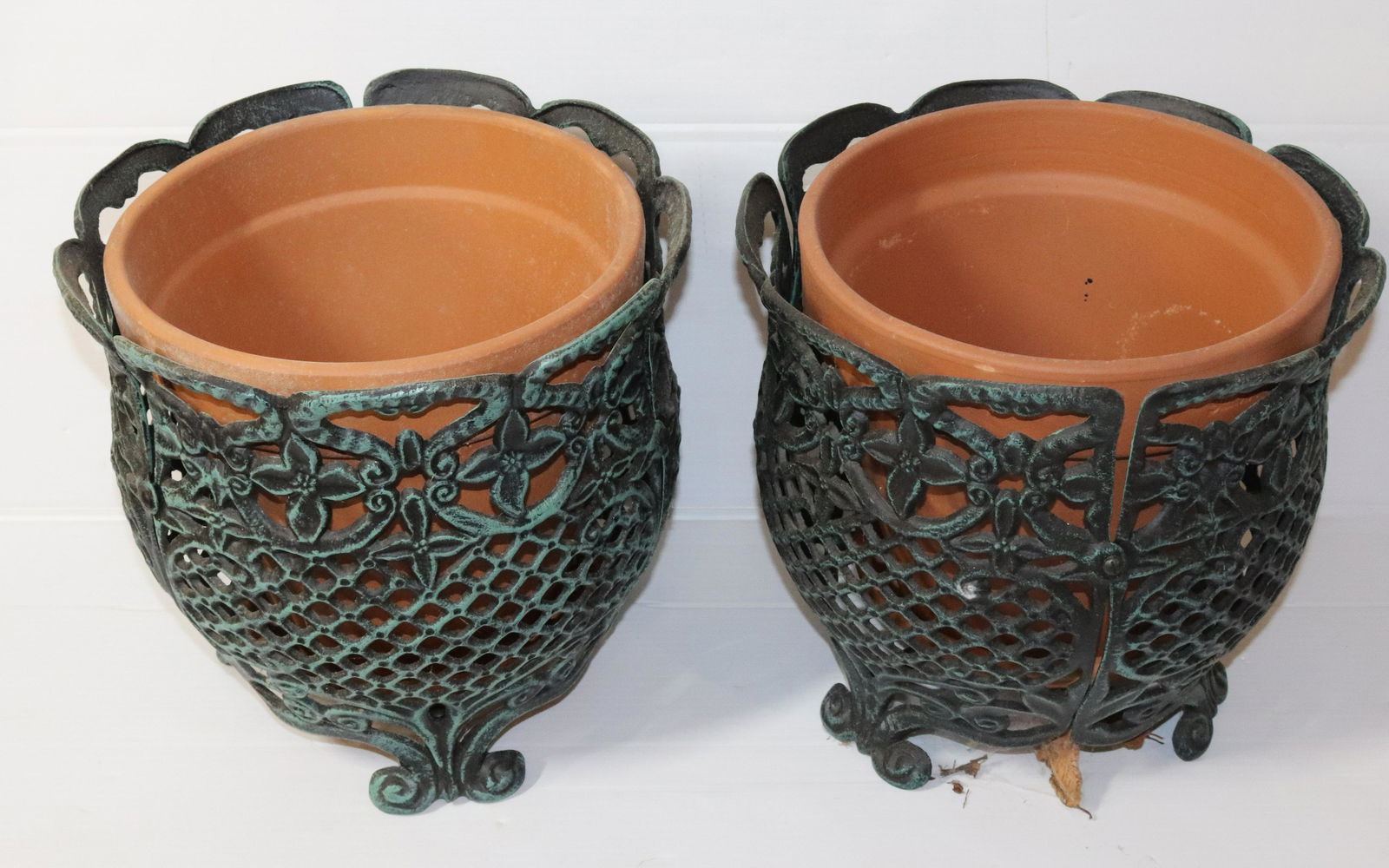 PAIR OF PAINTED METAL FLOWER POT HOLDERS (1 of 2)