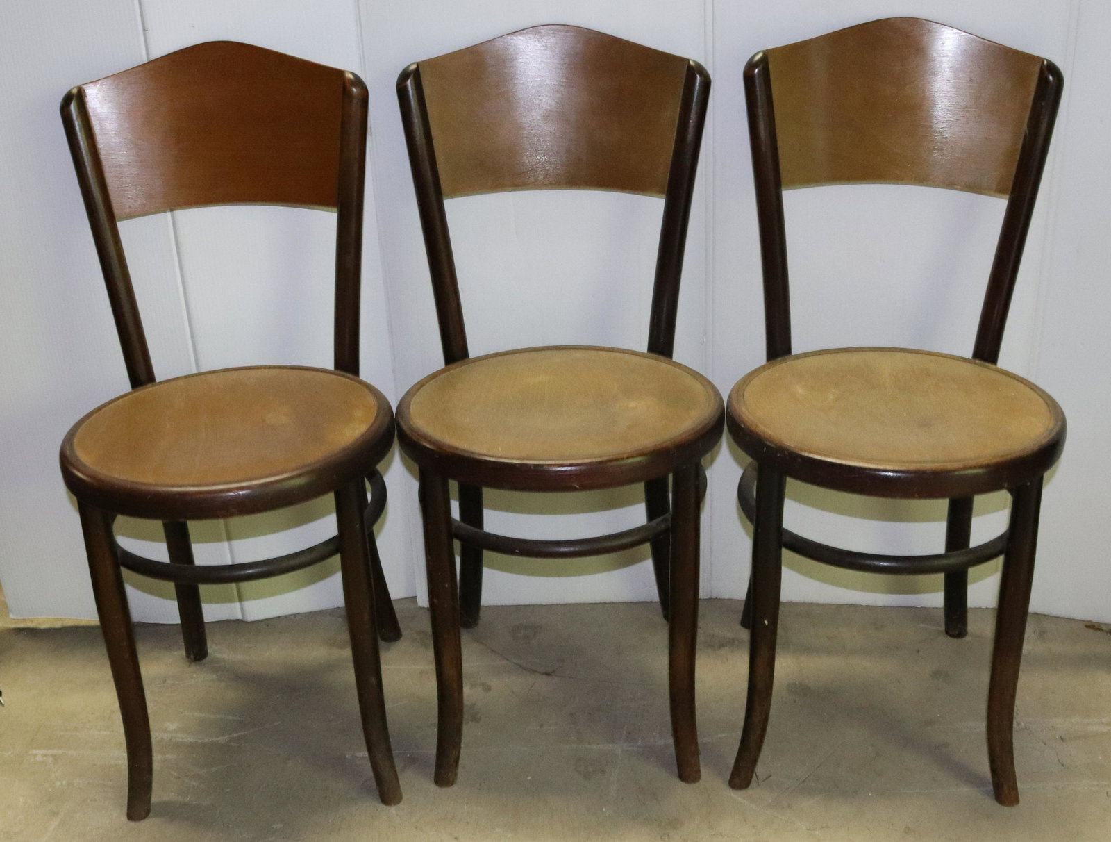 (3) FISCHEL BENTWOOD CHAIRS: MADE IN CZECHOSLOVAKIA. MEASURE 34" H. Terms: THIS IS AN ON-SITE ONLINE ONLY AUCTION. THE SALE ADDRESS IS 718 STOKES MILL RD. EAST STROUDSBURG, PA 18302. THIS IS THE ESTATE OF CANDACE BRIGGS. THERE WI