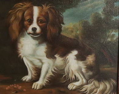 HAND PAINTED OIL ON CANVAS: SPANIEL IN LANDSCAPE, PAINTED AFTER THE ORIGINAL BY JAMES WARD. SIGHT VIEW 9 1/4" X 11 1/2". Terms: THIS IS AN ON-SITE ONLINE ONLY AUCTION. THE SALE ADDRESS IS 718 STOKES MILL RD. EAST STROUDSBURG,