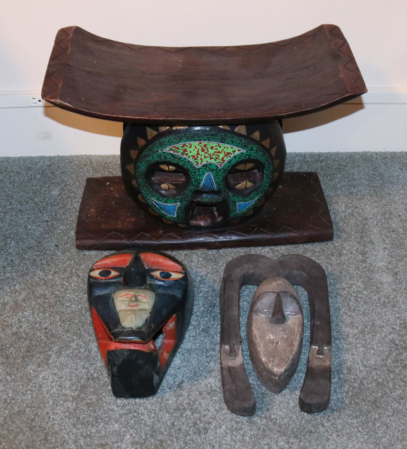 BEADED AFRICAN PRAYER STOOL AND MASKS (1 of 5)