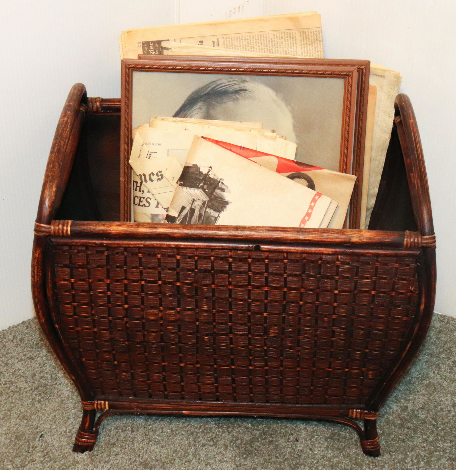 MAGAZINE HOLDER, NEWSPAPERS AND TWO FRAMED PRINTS (1 of 3)