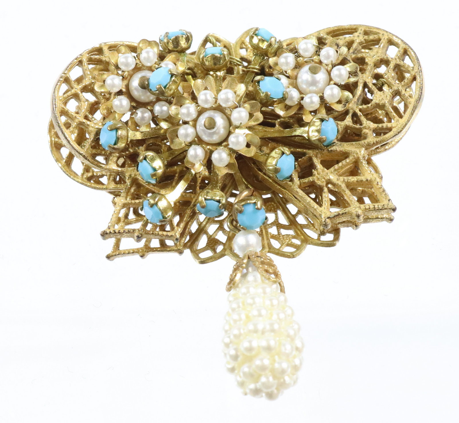 STANLEY HAGLER BROOCH: PEARLS AND TURQUOISE COLORS WIRED CONSTRUCTION UNMARKED 2 1/4" X 2" Terms: THIS IS AN ON-SITE ONLINE ONLY AUCTION. THE SALE ADDRESS IS 718 STOKES MILL RD. EAST STROUDSBURG, PA 18302. THIS IS THE ESTAT