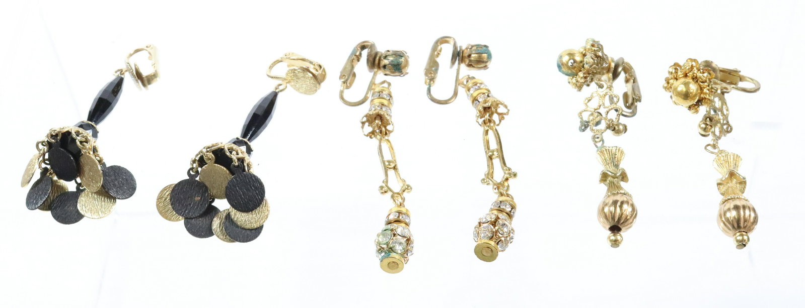 STANLEY HAGLER EARRINGS: (3) PAIR DROPS CRYSTALS ALL GOLD AND BLACK WIRED CONSTRUCTION UNMARKED 2" TO 2 1/2"L Terms: THIS IS AN ON-SITE ONLINE ONLY AUCTION. THE SALE ADDRESS IS 718 STOKES MILL RD. EAST STROUDSBURG, PA 18302. 