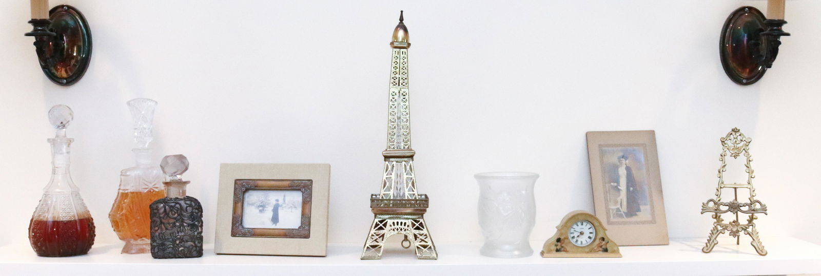 LOT OF DECANTERS, PHOTOGRAPHS, CLOCK AND EASEL (1 of 4)