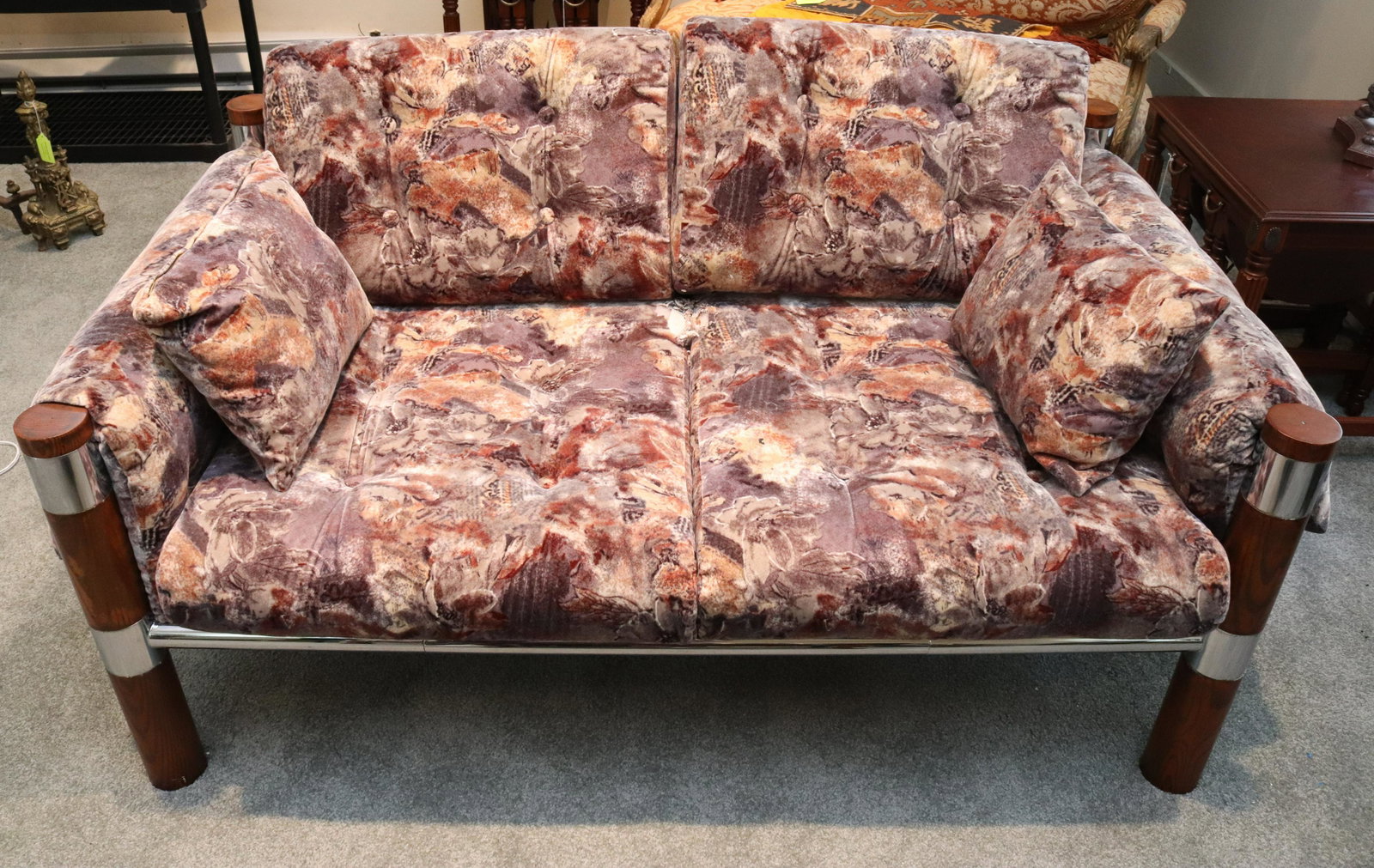 PAIR OF UPHOLSTERED LOVESEATS: WOOD AND CHROME FRAMEWORK WITH TEXTURED UPHOLSTERY. UNMARKED. MEASURE 30" X 58" X 33". Terms: THIS IS AN ON-SITE ONLINE ONLY AUCTION. THE SALE ADDRESS IS 718 STOKES MILL RD. EAST STROUDSBURG, PA 18302