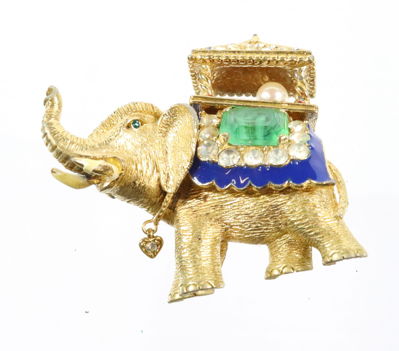 COSTUME JEWELRY CINER ELEPHANT: WITH HOWDAH IN BACK EMERALD SAPPHIRE RHINESTONES 1 1/2" X 1 3/4" Terms: THIS IS AN ON-SITE ONLINE ONLY AUCTION. THE SALE ADDRESS IS 718 STOKES MILL RD. EAST STROUDSBURG, PA 18302. THIS IS THE ESTATE O