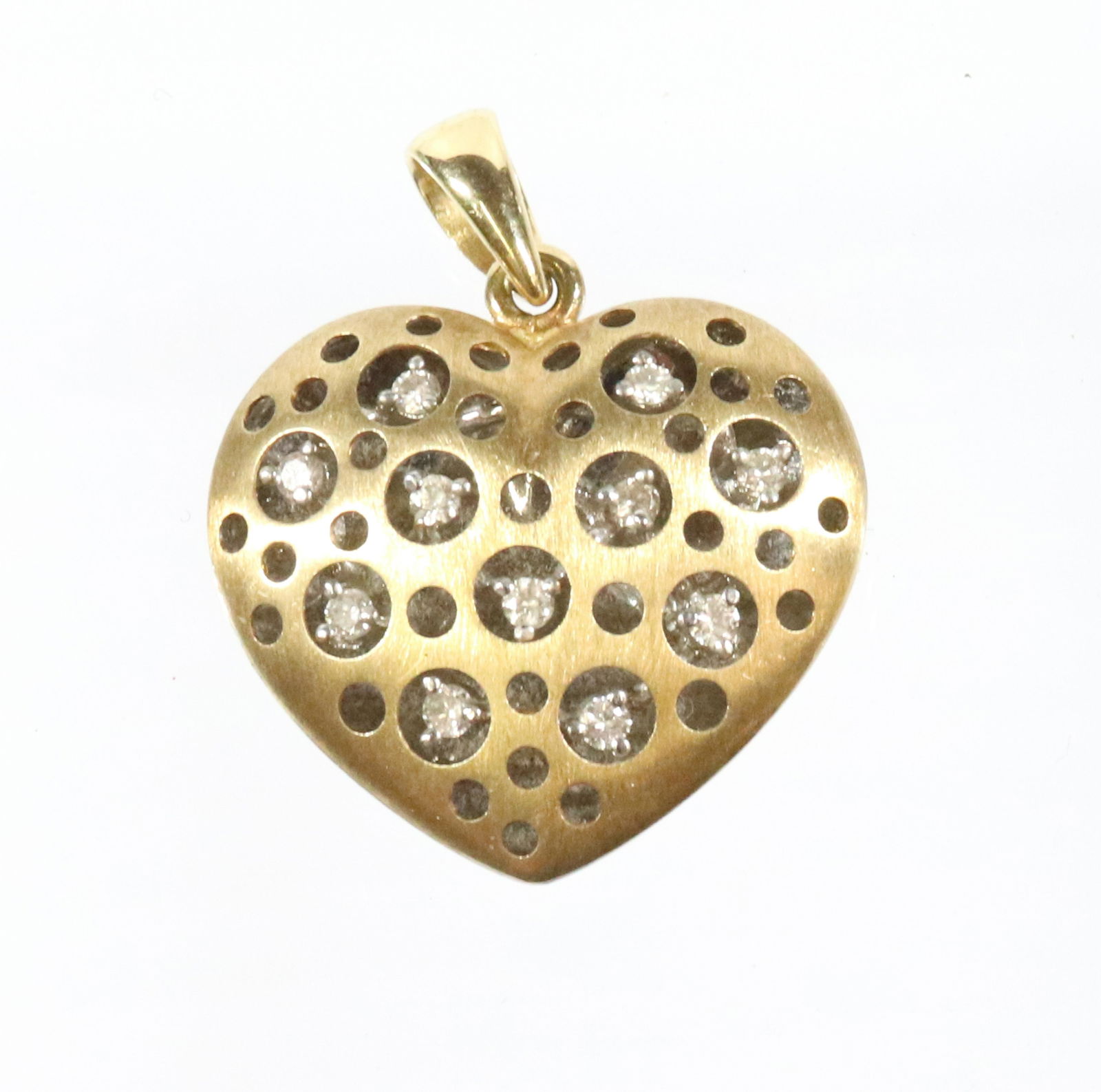 14K HEART PENDANT: 14K YELLOW AND WHITE GOLD WITH 11 DIAMONDS RETICULATED TO REFLECT WHITE GOLD BACK BRUSHED FINISH 1" X 1" 2.6 DWT DANIEL JEWELRY MIAMI Terms: THIS IS AN ON-SITE ONLINE ONLY AUCTION. THE SALE ADDRESS IS