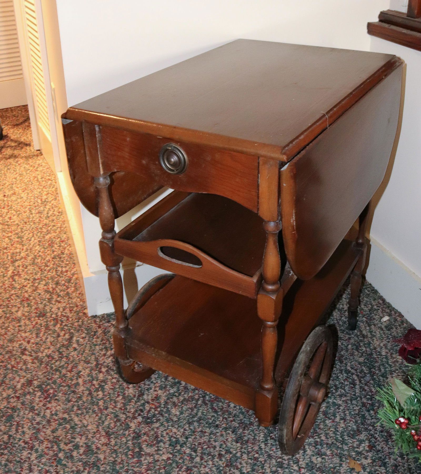WOODEN TEA CART,  WOODEN EASEL AND TREE (1 of 4)