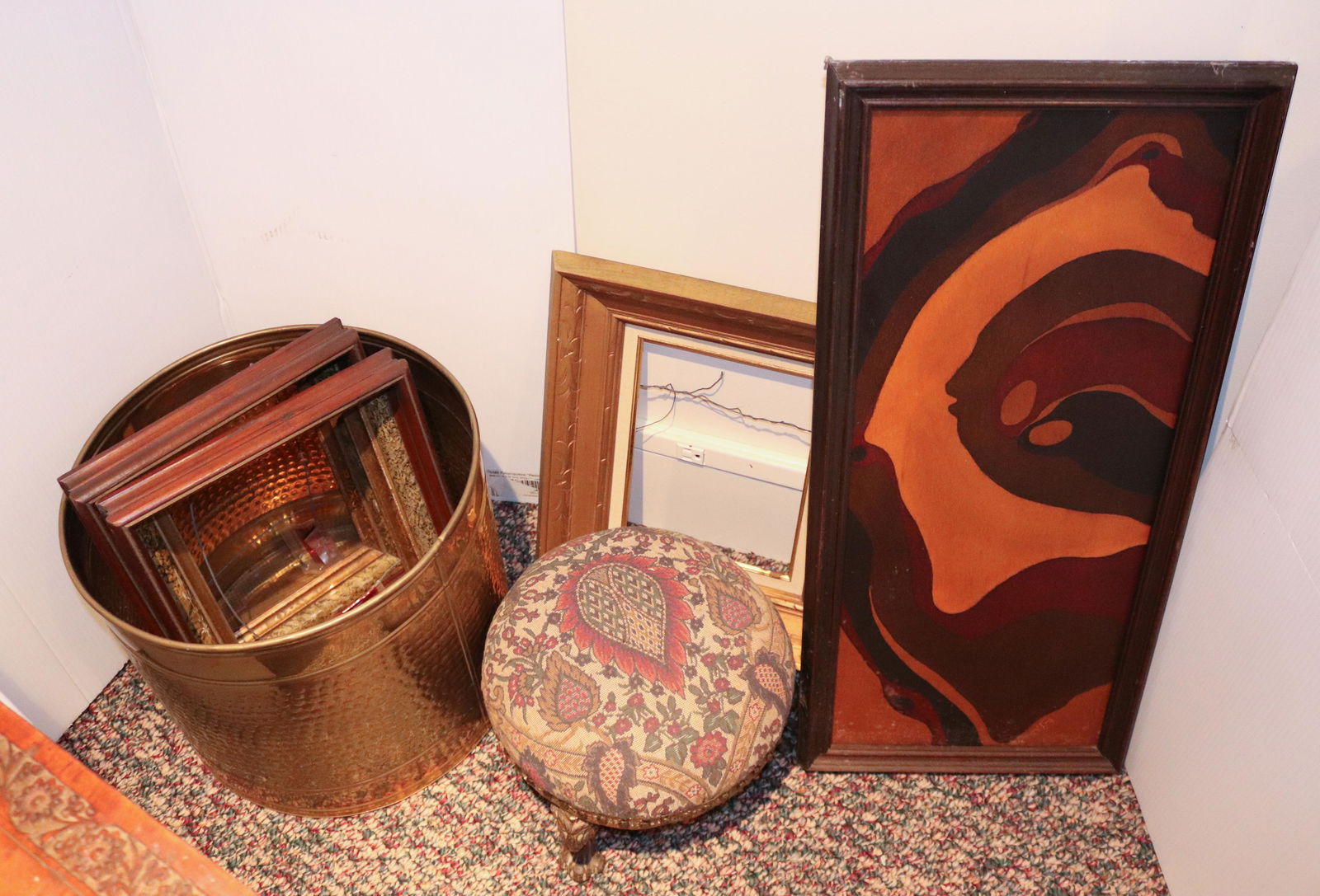 FRAMES, FOOTSTOOL, BRASS BIN AND MORE. (1 of 1)