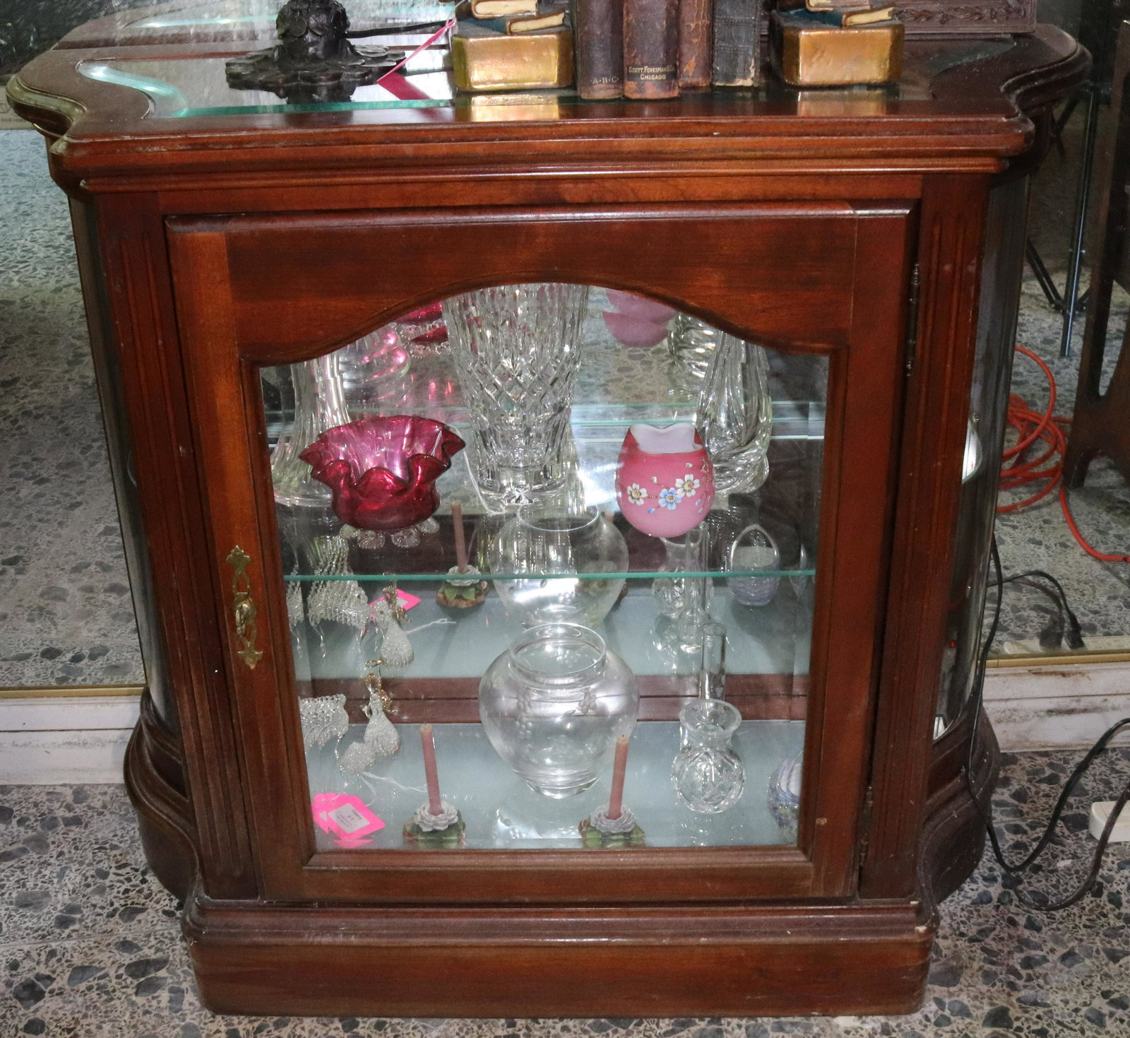 MAHOGANY CURIO CABINET: CURIO CABINET WITH TWO SHELVES TERMS: THIS IS AN ON-SITE ONLINE ONLY AUCTION. THE SALE ADDRESS IS 718 STOKES MILL RD. EAST STROUDSBURG, PA 18302. THIS IS THE ESTATE OF CANDACE BRIGGS. THERE WILL BE 2 