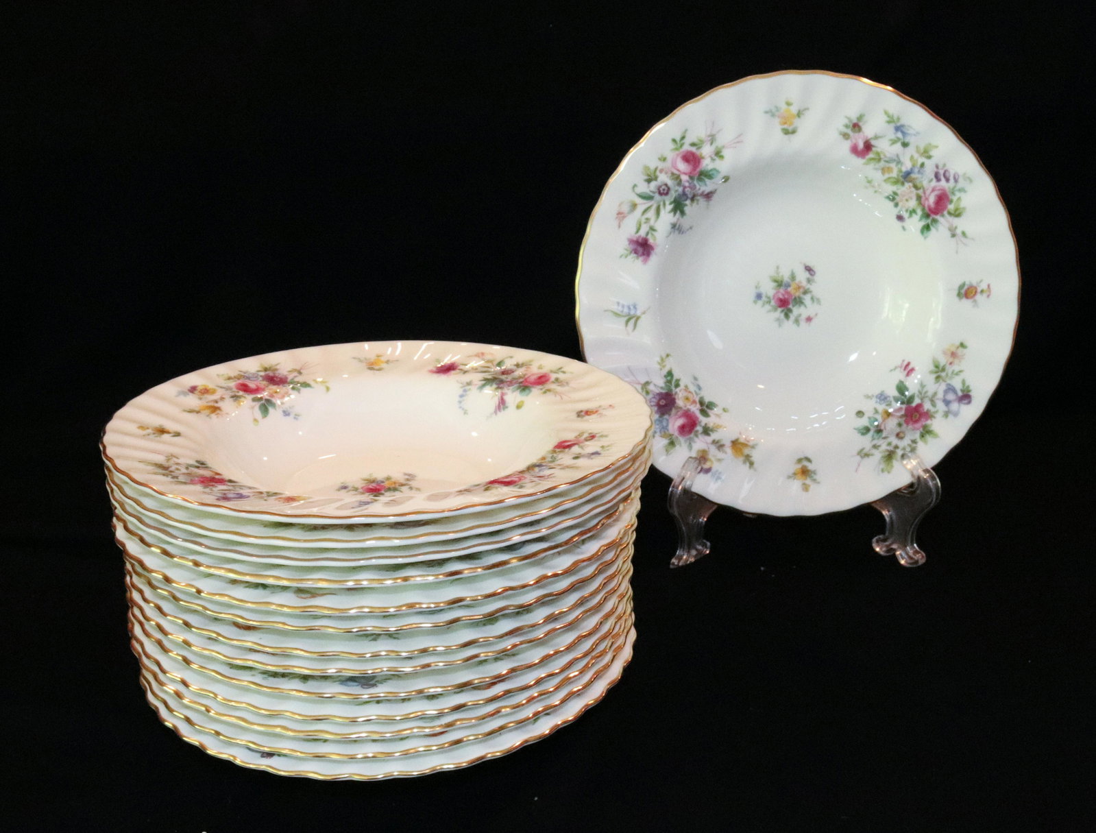 MINTON CHINA: 14-SOUP BOWLS, MARLOW, 8 1/4" TERMS: THIS IS AN ON-SITE ONLINE ONLY AUCTION. THE SALE ADDRESS IS 718 STOKES MILL RD. EAST STROUDSBURG, PA 18302. THIS IS THE ESTATE OF CANDACE BRIGGS. THERE WILL BE 2 P