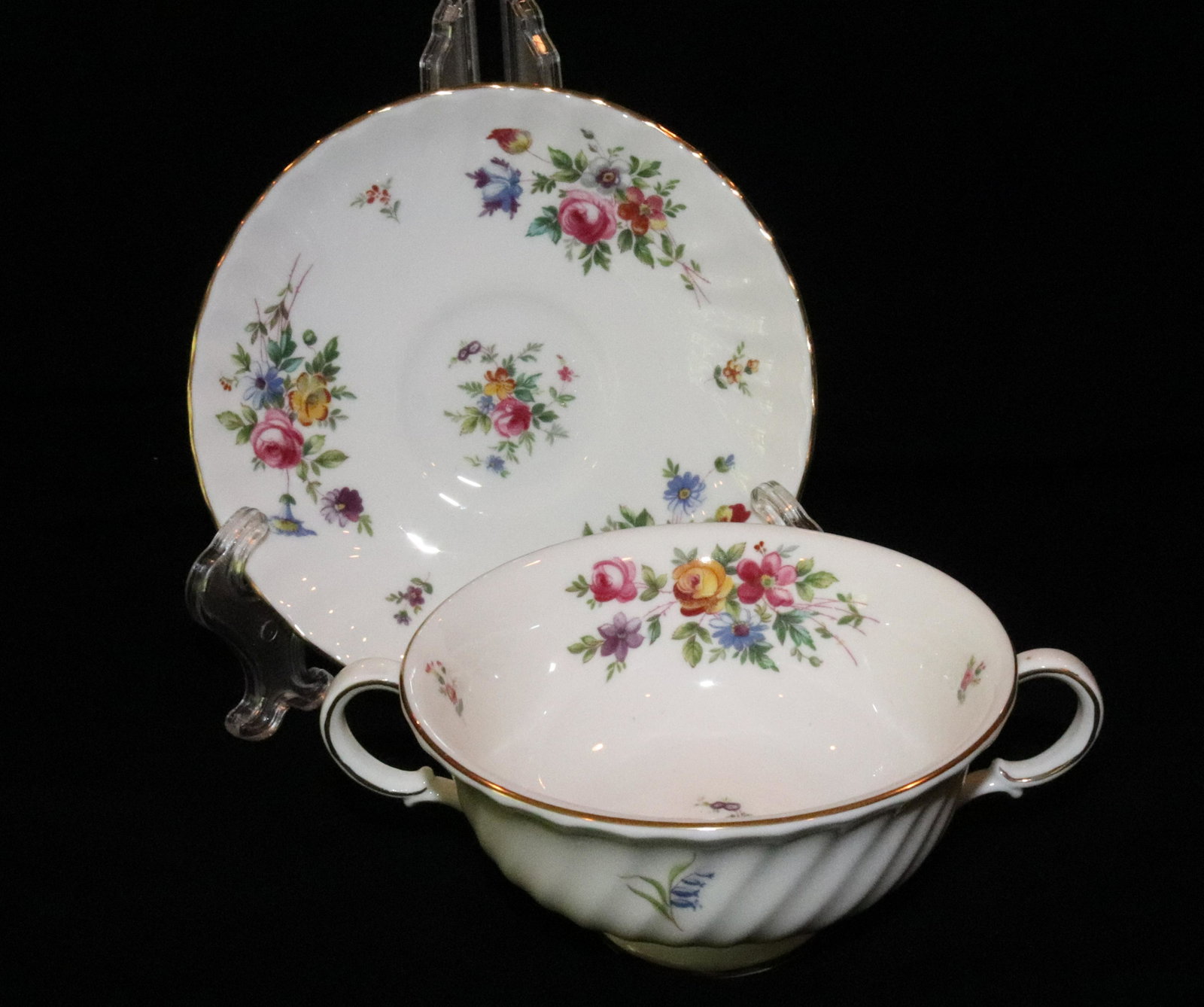 MINTON CHINA: 14- CREAM SOUPS TWO HANDLE CUPS WITH SAUCERS TERMS: THIS IS AN ON-SITE ONLINE ONLY AUCTION. THE SALE ADDRESS IS 718 STOKES MILL RD. EAST STROUDSBURG, PA 18302. THIS IS THE ESTATE OF CANDACE BRIGGS. TH