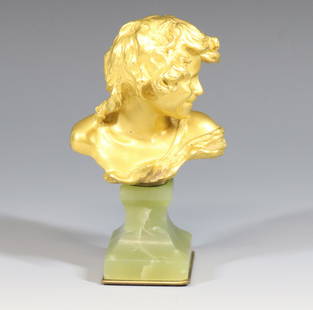 ART NOUVEAU BRONZE ONYX BASE: YOUNG PERSON WITH FLOWING HAIR WITH BRILLIANT GOLD WASH ONYX BASE WITH BRASS PLATE #C228 5 3/8"