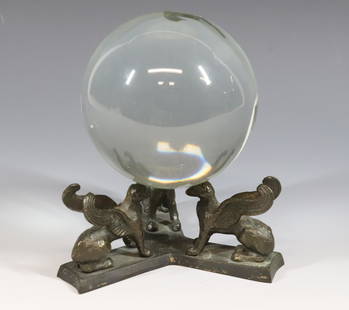 GLASS GAZING BALL BRONZE MOUNT: (3) WINGED GRIFFON BRONZE MOUNT (HAS PHILLIPS HEAD SCREWS) WITH POLISHED SOLID GLASS BALL 53/4" X 4 1/2"