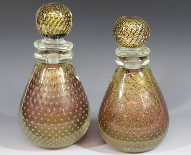 PAIR ITALIAN BAROVIER & TOSO DECANTERS: CONTROLLED BUBBLES WITH GOLD FLECK BACKGROUND WITH ORIGINAL STOPPERS 8 1/2" 9 1/4" HEIGHT