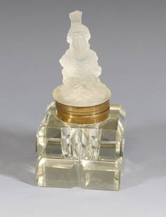 FRENCH GLASS INKWELL: PRESSED GLASS FIGURAL LID ON ROMAN SOLDIER WITH SQUARE CUT GLASS BASE 5" X 2 1/2"