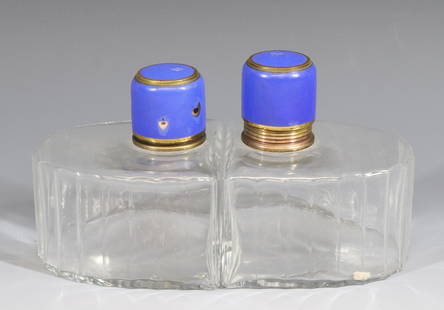 FRENCH ART DECO COLOGNE BOTTLES: PRESSED GLASS WITH PANELS BLUE ENAMEL COVERS WITH GROUND STOPPERS 4"H X 3 1/2" EACH