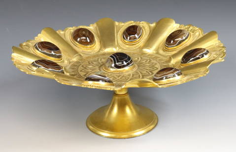 FRENCH 19TH CENTURY BRONZE DORE' TAZA: WITH BRILLIANT GOLD WASH AND LARGE AGATE CABOCHONS (9) ENGRAVED DECORATION 4 3/4"H X 11"